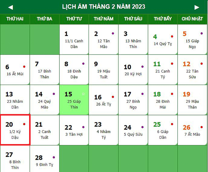 Lịch âm 20/2 - Âm lịch hôm nay 20/2 chính xác nhất - Lịch vạn niên 20/2/2023